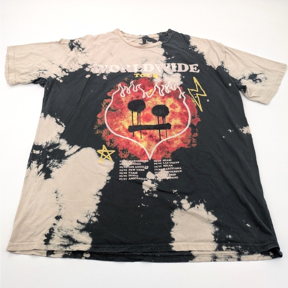 BoohooMAN Worldwide Tour Tie Dye Graphic T-Shirt Mens Size Large Flaming Face